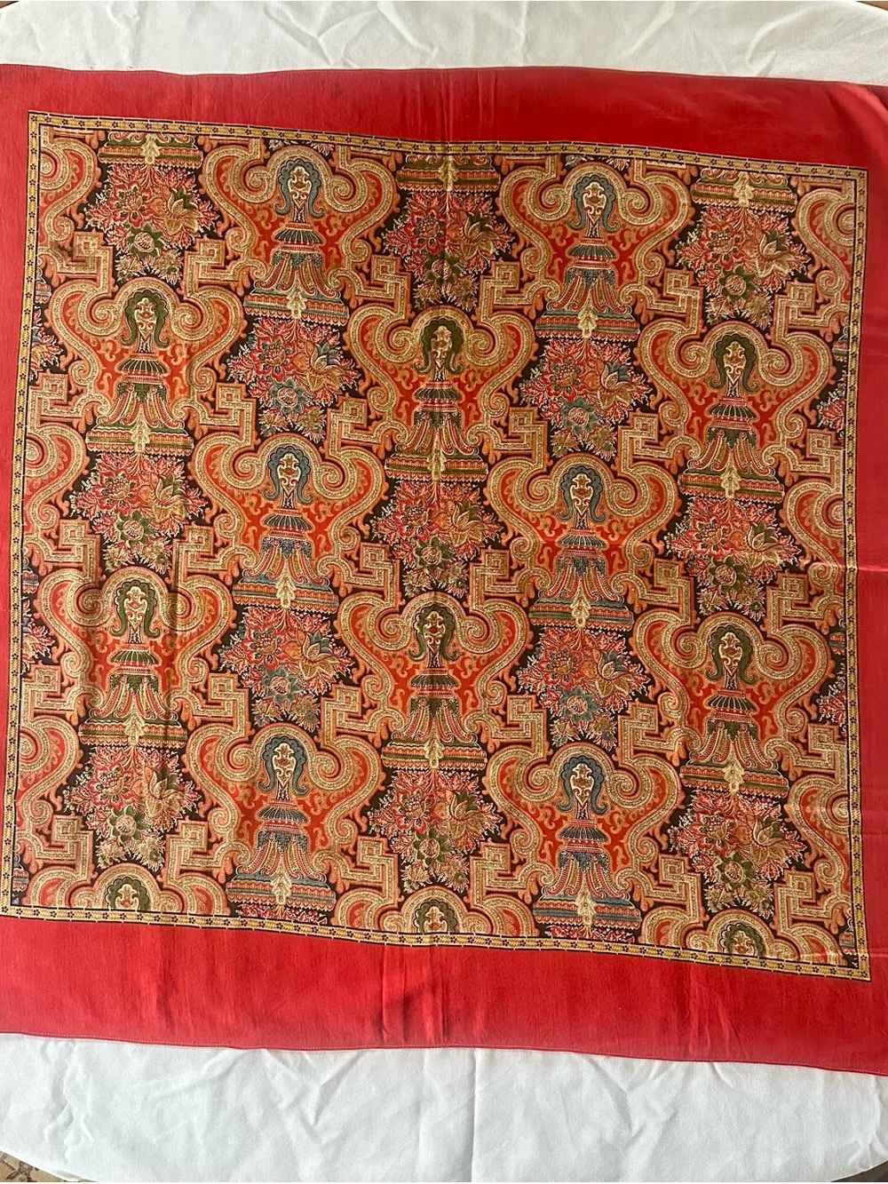 Vintage Oversized Square Scarf | Red Paisley & Floral Urn Print | 34" x 36"